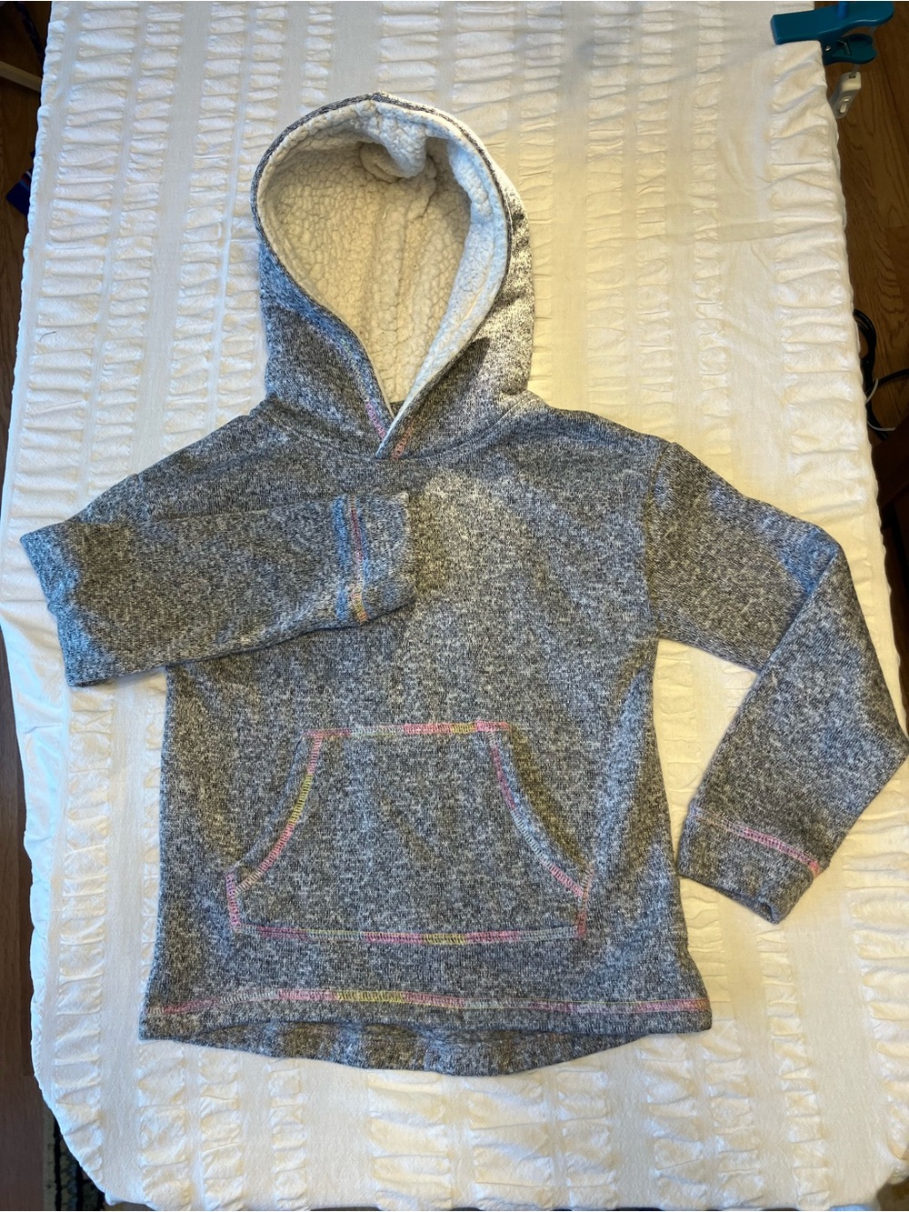 Mudd Gray Hooded Sherpa-Lined Pullover with Pastel Stitching